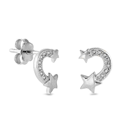 Sterling Silver Cute Studded Rainbow Arc Star Space Retro Earrings Clear CZ 925