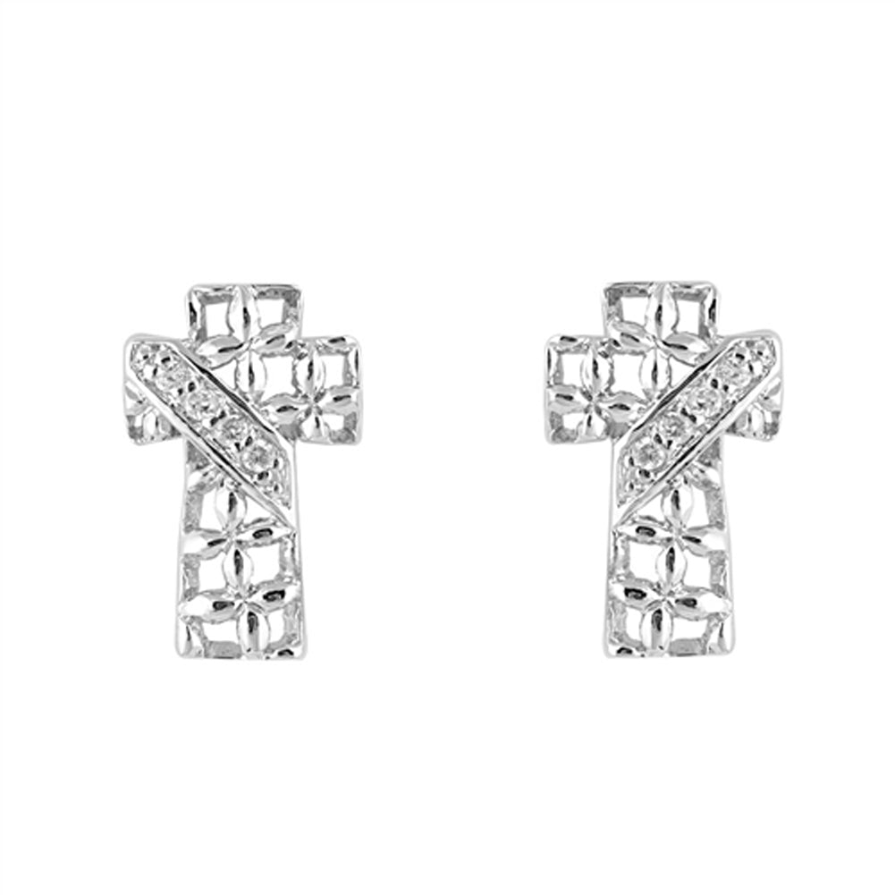 Studded Banner Ornate Square Pattern Cross Religious Clear Simulated CZ .925 Sterling Silver Earrings