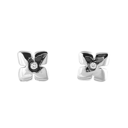 Plumeria Flower High Polish Four Leaf Clear Simulated CZ .925 Sterling Silver Earrings