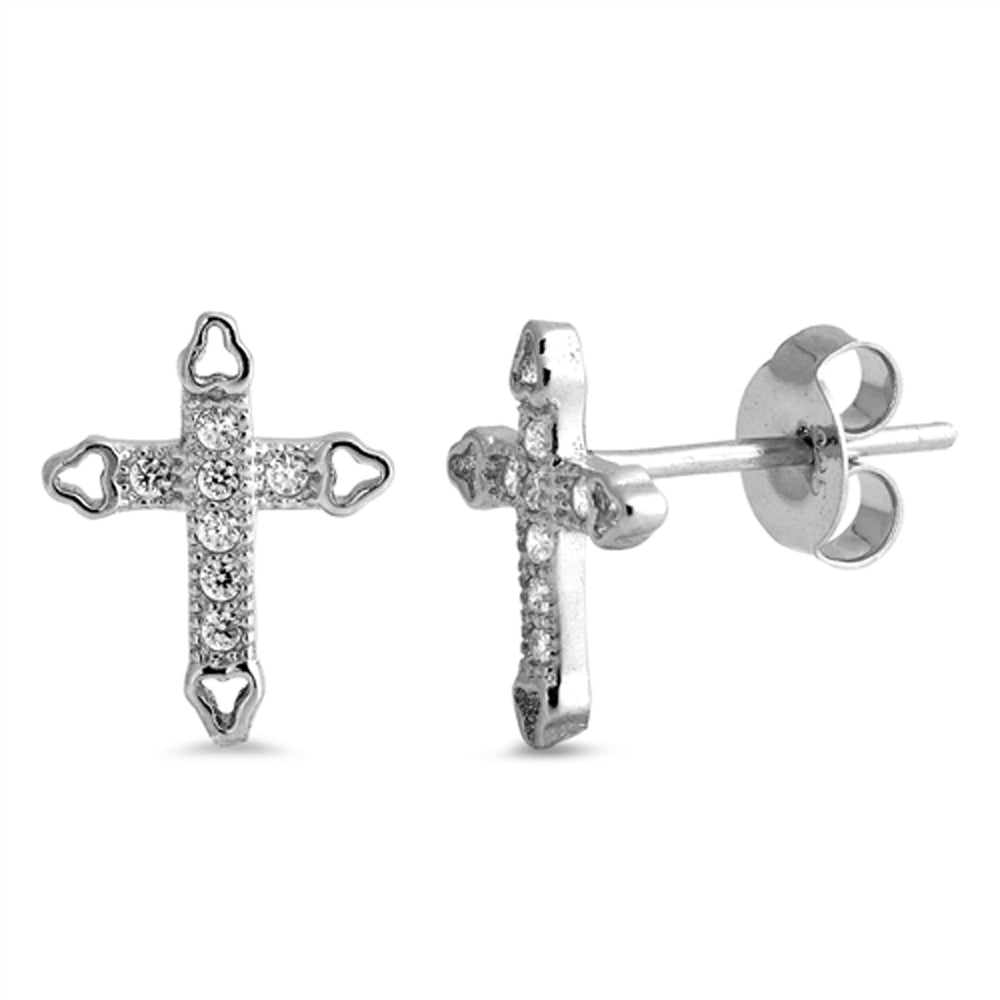 Sterling Silver Cross Studded Traditional Elegant Victorian Earrings Clear CZ