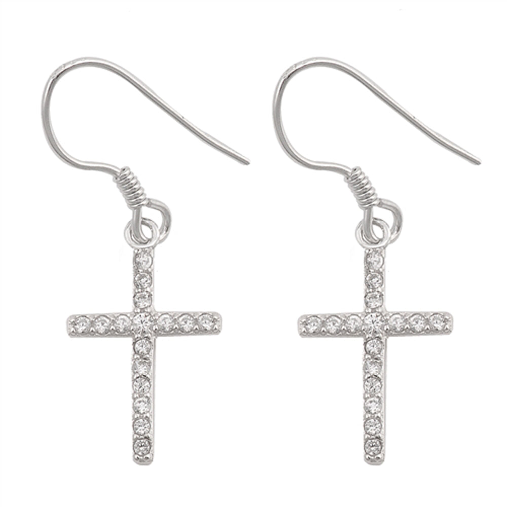 Sterling Silver Simple Dangling Cross Studded Cluster Elegant Earrings Clear CZ