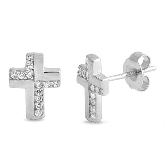 Sterling Silver Simple Modern Cross Elegant Studded Earrings Clear CZ 925 New