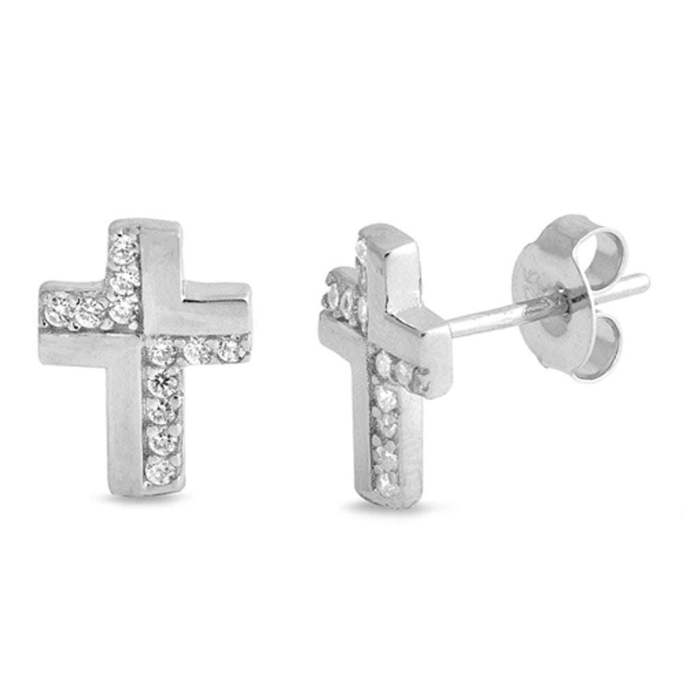Sterling Silver Simple Modern Cross Elegant Studded Earrings Clear CZ 925 New