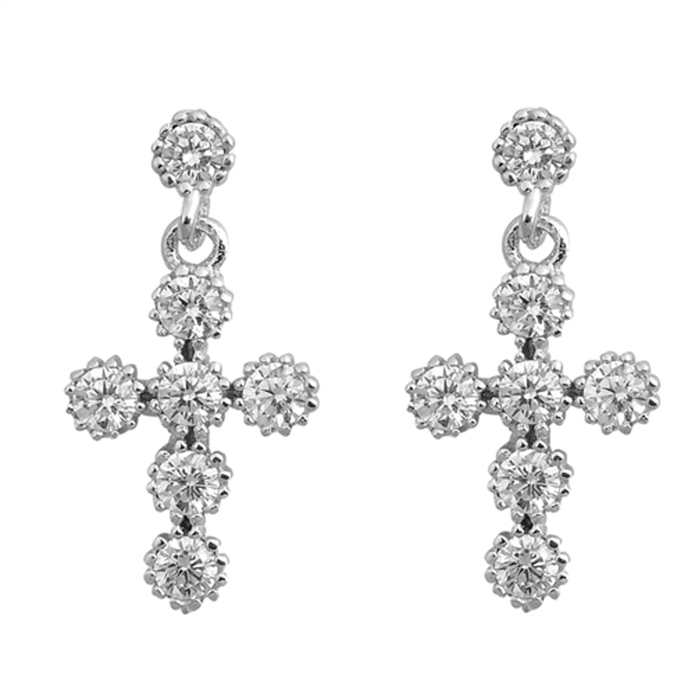 Sterling Silver Simple Studded Cross Flower Elegant Dangle Earrings Clear CZ 925