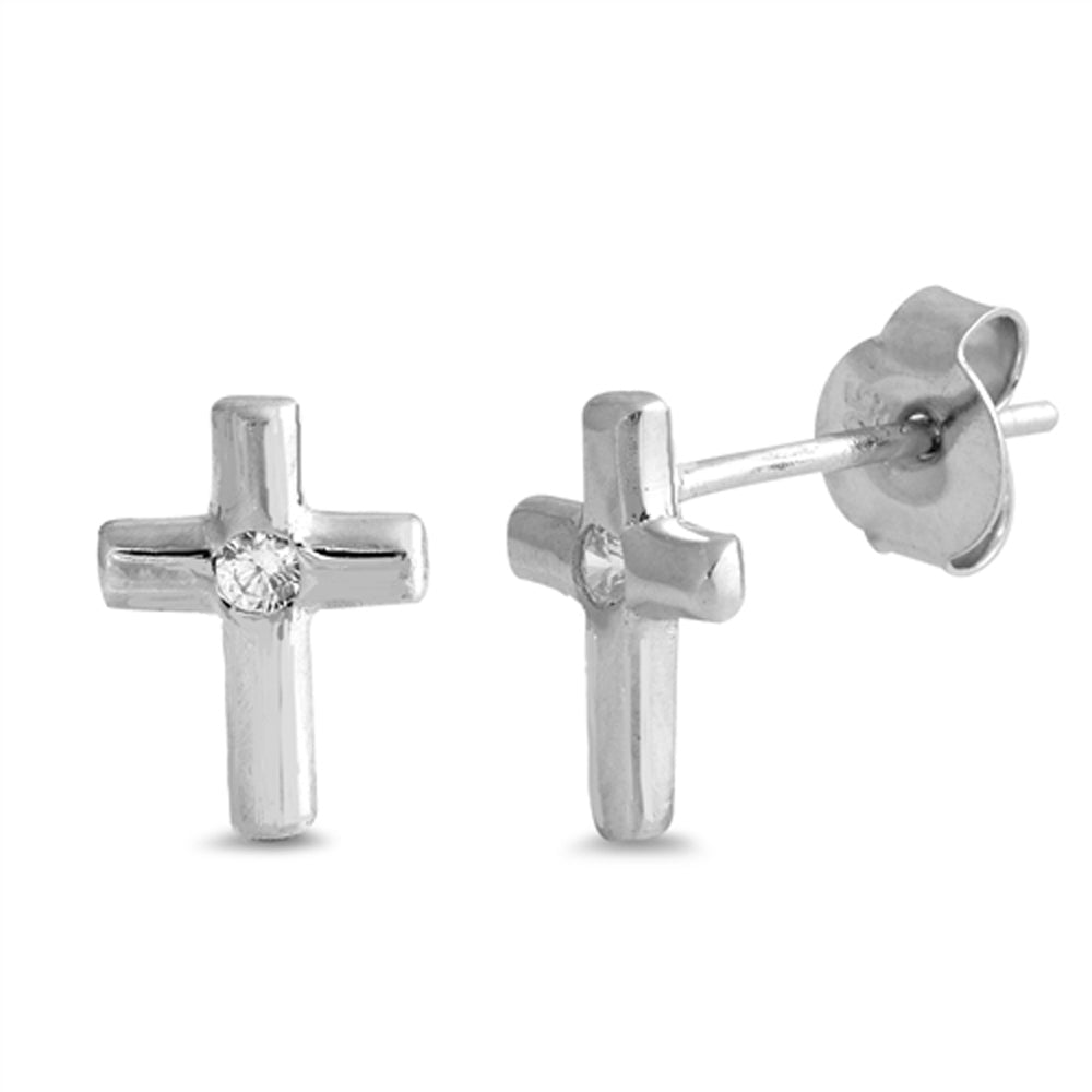 Sterling Silver High Polish Cross Traditional Simple Classic Earrings Clear CZ
