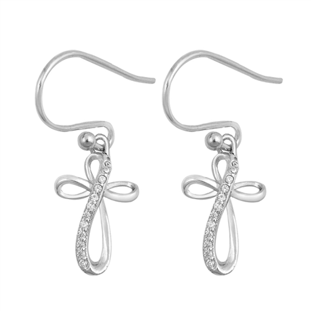 Sterling Silver Dangling Elegant Studded Cross Twist Weave Earrings Clear CZ 925