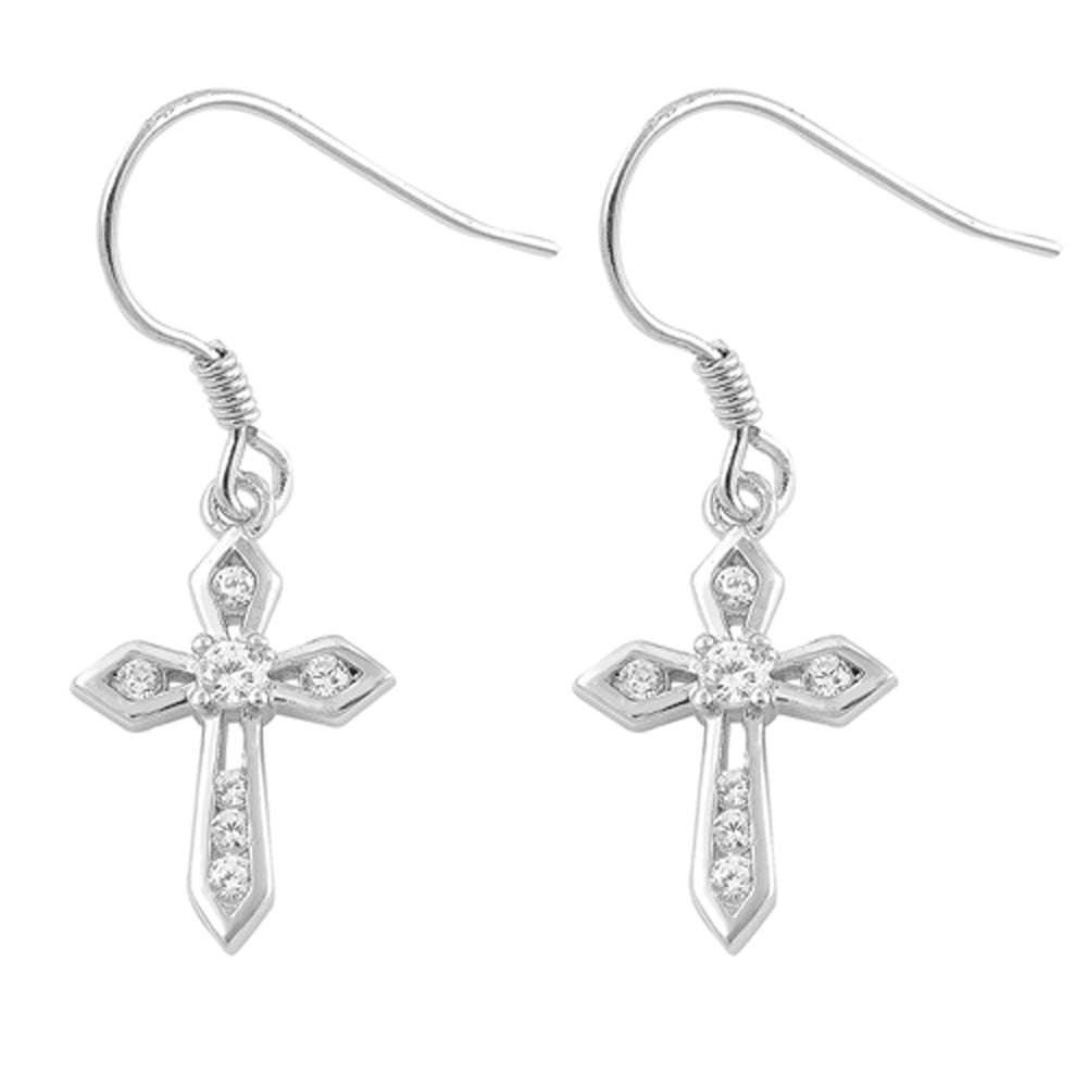 Sterling Silver Vintage Dangling Cross Traditional Elegant Earrings Clear CZ 925