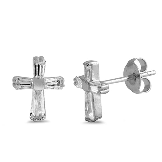 Sterling Silver Simple Cross Classic Studded Elegant Earrings Clear CZ 925 New