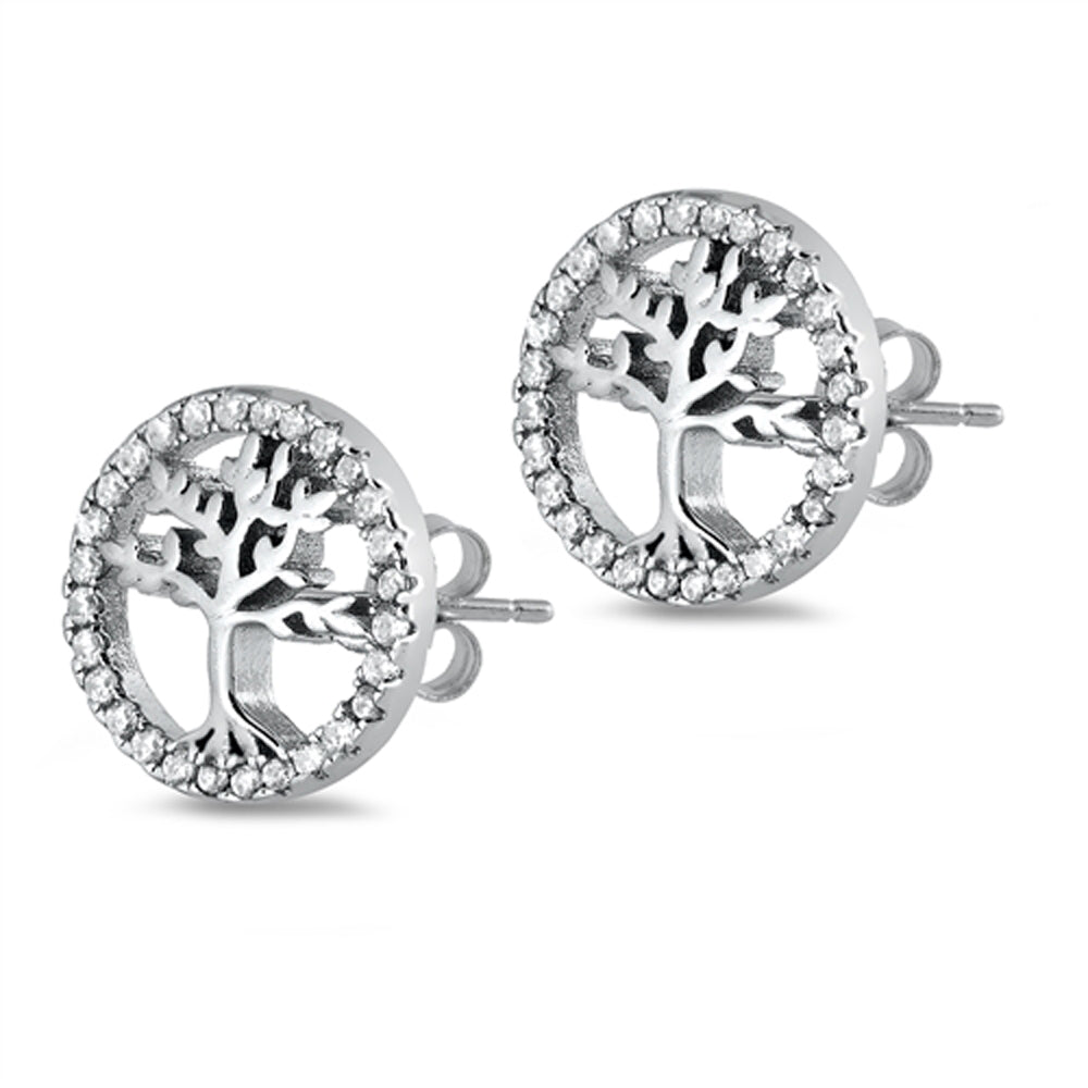 Sterling Silver Tree of Life Cluster Halo Elegant Traditional Earrings Clear CZ