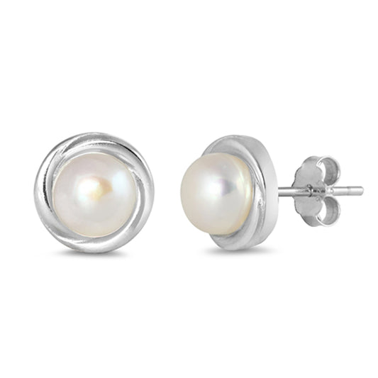 Sterling Silver High Polish Round Circle Classic Earrings Freshwater Pearl 925