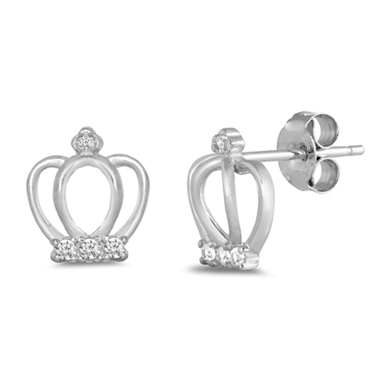 Sterling Silver High Polish Crown Classic Royal Outline Earrings Clear CZ 925