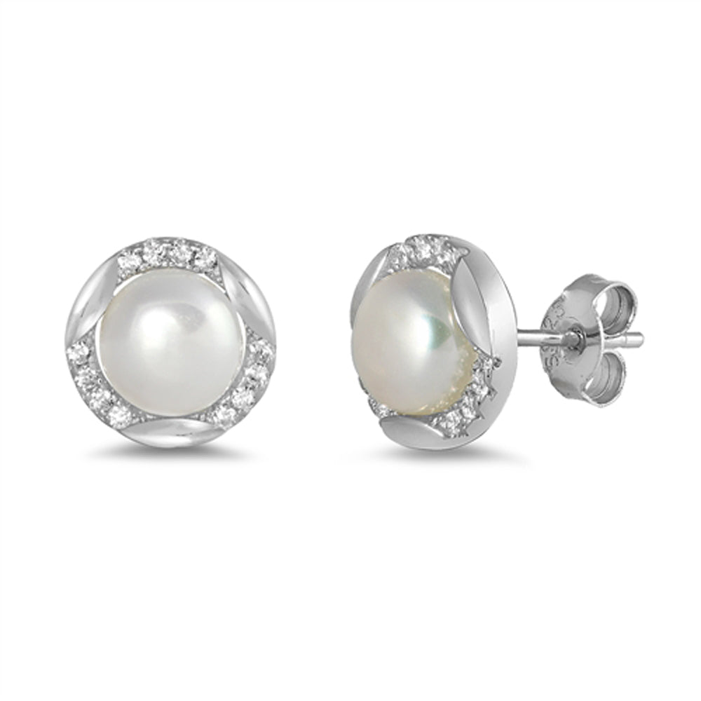 Sterling Silver Round Statement Elegant Earrings Freshwater Pearl Clear CZ 925