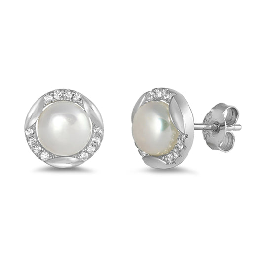 Sterling Silver Round Statement Elegant Earrings Freshwater Pearl Clear CZ 925