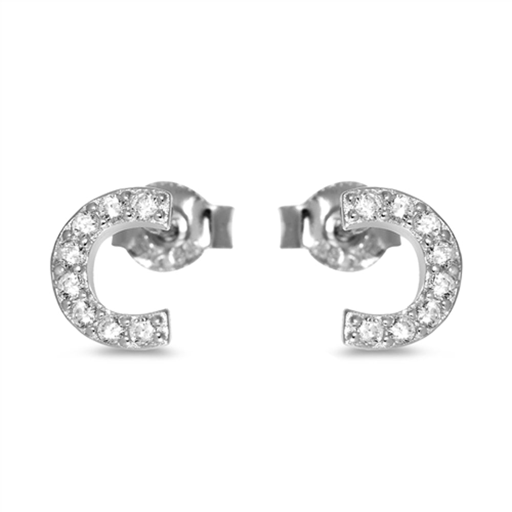 Sterling Silver Simple Curve Semi Circle Studded Modern Earrings Clear CZ 925