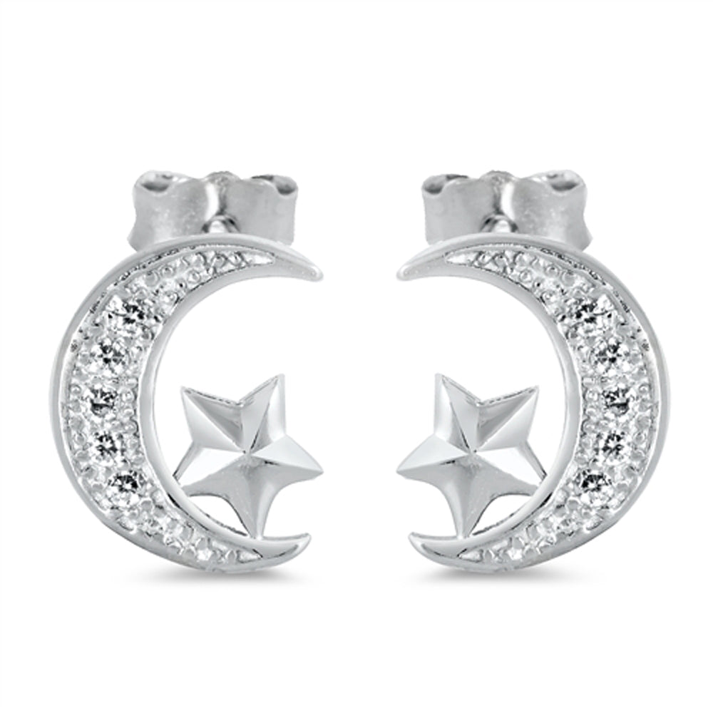 Sterling Silver Studded Crescent Moon Star Bow Celestial Earrings Clear CZ 925