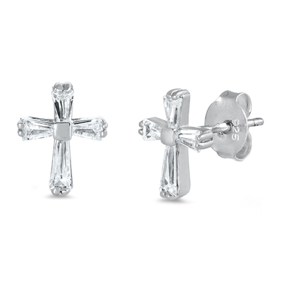 Sterling Silver Simple Cross High Polish Elegant Classic Earrings Clear CZ 925