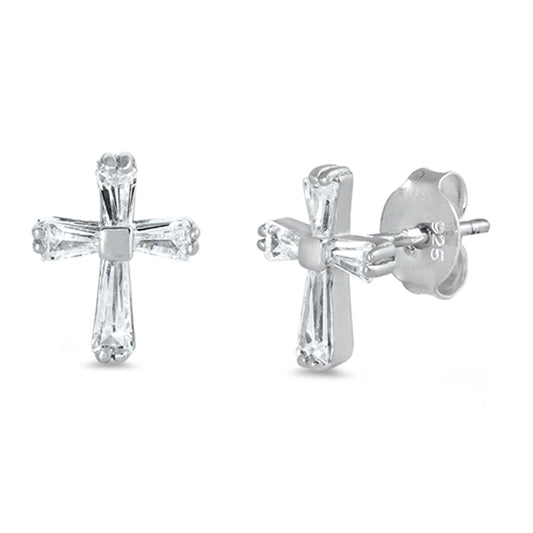 Sterling Silver Simple Cross High Polish Elegant Classic Earrings Clear CZ 925