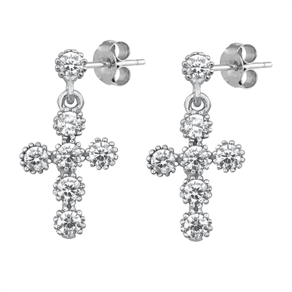 Sterling Silver Studded Cross Dangle Flower Ornate Christian Earrings Clear CZ