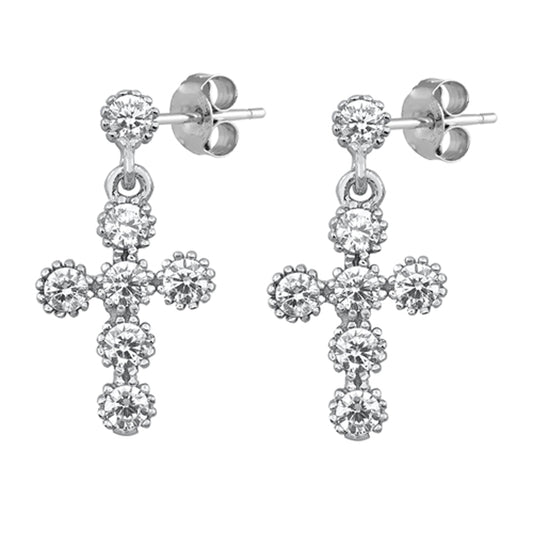 Sterling Silver Studded Cross Dangle Flower Ornate Christian Earrings Clear CZ
