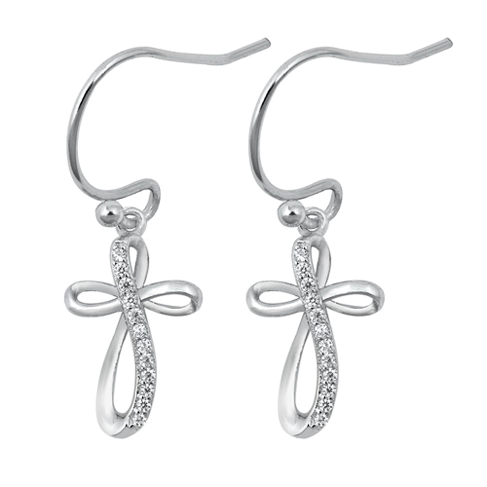 Sterling Silver Dangle Cross Endless Knot Studded Infinity Earrings Clear CZ
