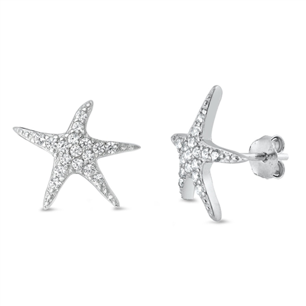 Sterling Silver Studded Starfish Star Animal Beach Ocean Earrings Clear CZ 925
