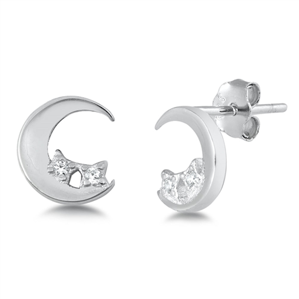 Sterling Silver High Polish Crescent Moon Studded Elegant Star Modern Earrings Clear CZ