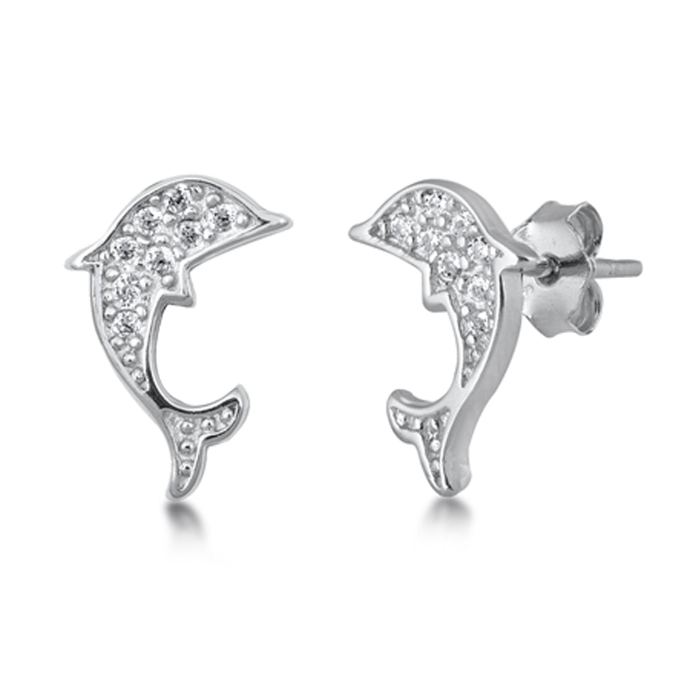 Sterling Silver Studded Dolphin Animal Cute Ocean Beach Earrings Clear CZ 925