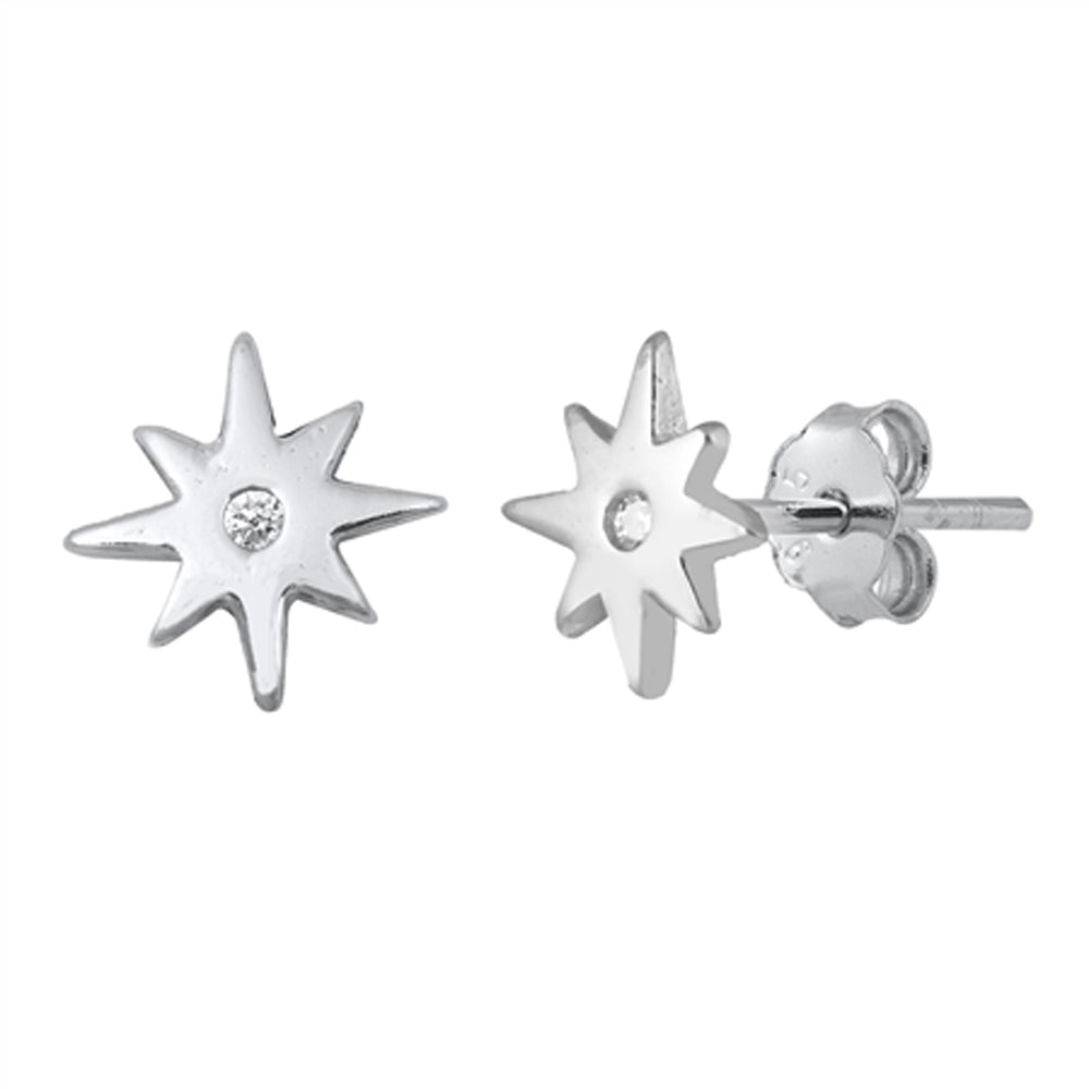 Sterling Silver Vintage Star Burst Minimalist Studded Sun Earrings Clear CZ 925