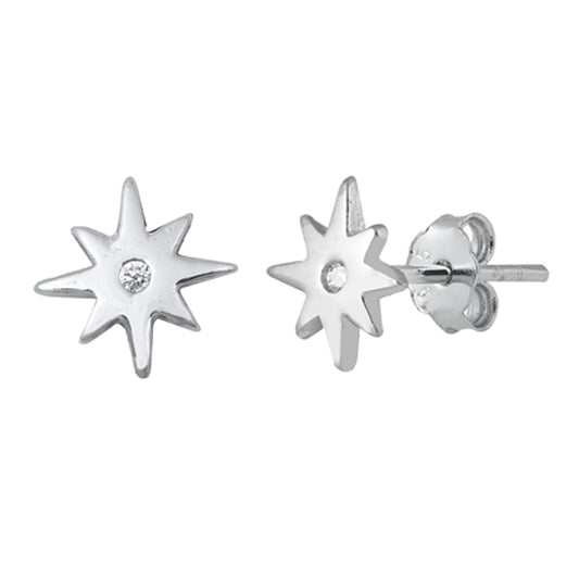 Sterling Silver Vintage Star Burst Minimalist Studded Sun Earrings Clear CZ 925