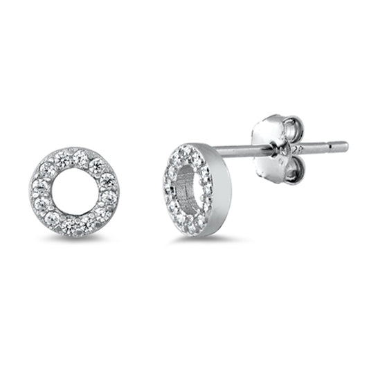 Sterling Silver Studded Circle Simple Cluster Open Modern Earrings Clear CZ 925
