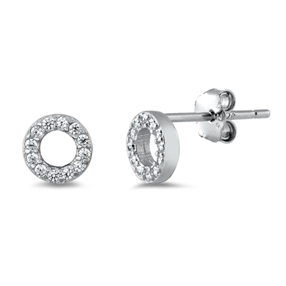 Sterling Silver Studded Circle Simple Cluster Open Modern Earrings Clear CZ 925
