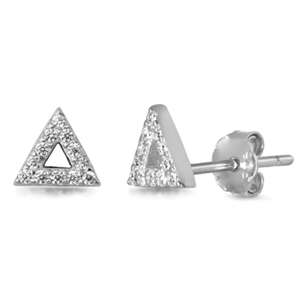 Sterling Silver Studded Triangle Open Modern Geometric Earrings Clear CZ 925 New
