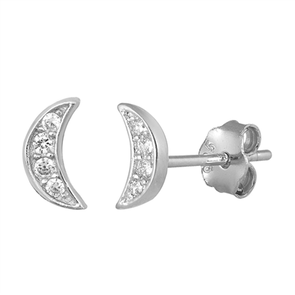 Sterling Silver Crescent Moon Cluster Night Sky Elegant Earrings Clear CZ 925