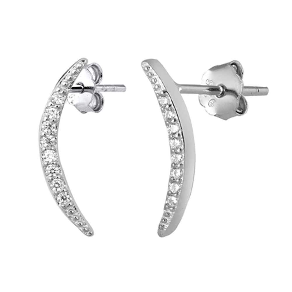 Sterling Silver Slender Curve Long Bar Elegant Cluster Earrings Clear CZ 925 New