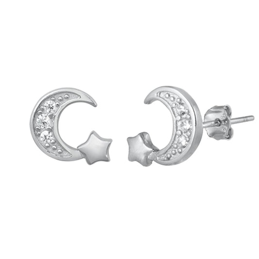 Sterling Silver High Polished  Moon & Star Crescent Moon Star Earrings 925 New
