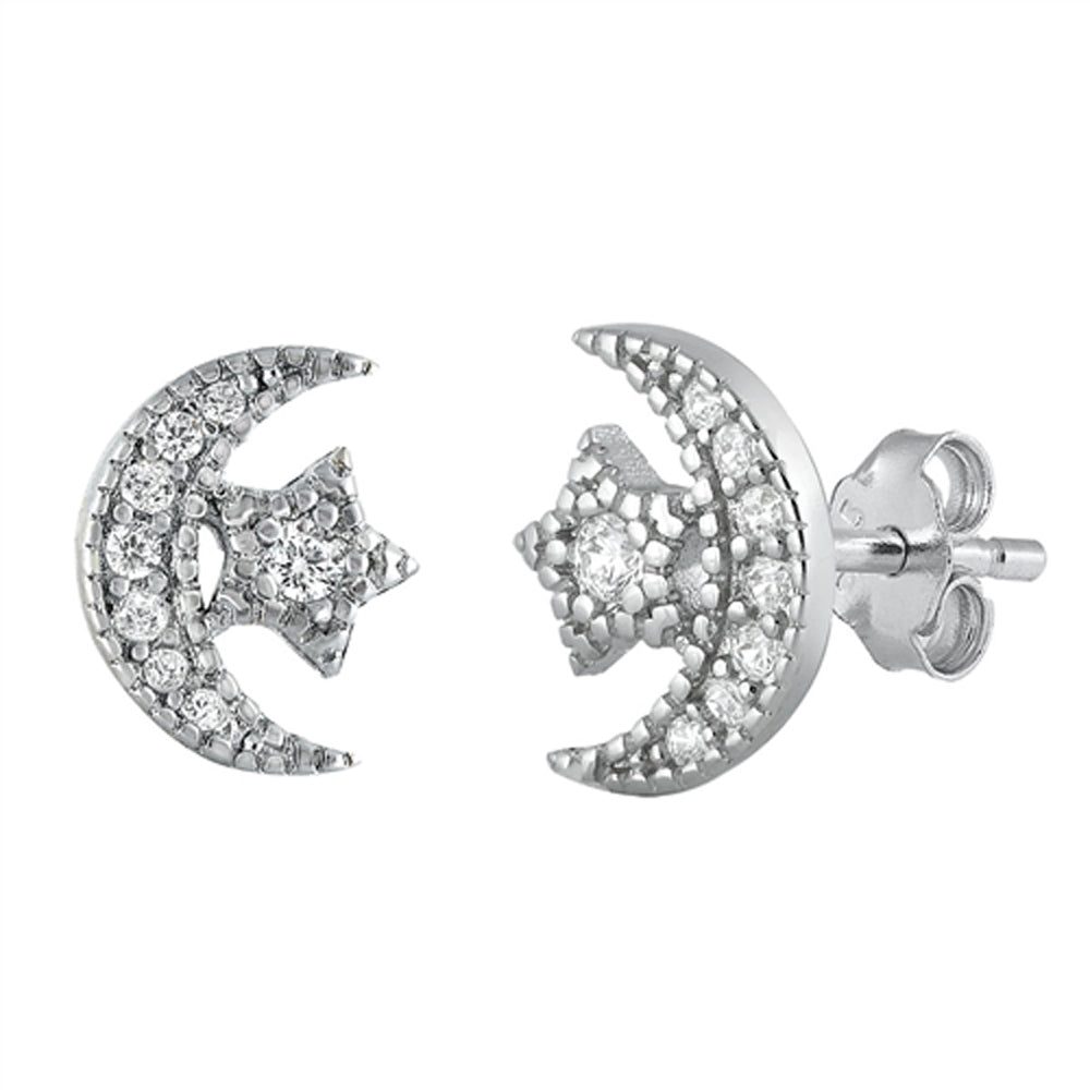Sterling Silver Crescent Moon Star Night Mystic Celestial Earrings Clear CZ 925