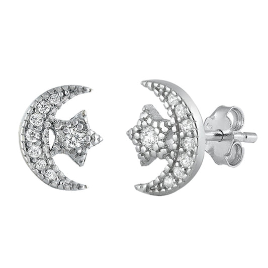 Sterling Silver Crescent Moon Star Night Mystic Celestial Earrings Clear CZ 925