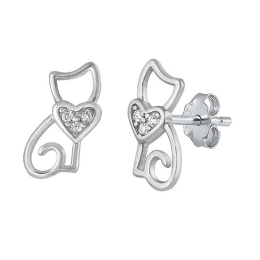 Sterling Silver Pet Cute Cat Promise Heart High Polish Outline Animal Earrings