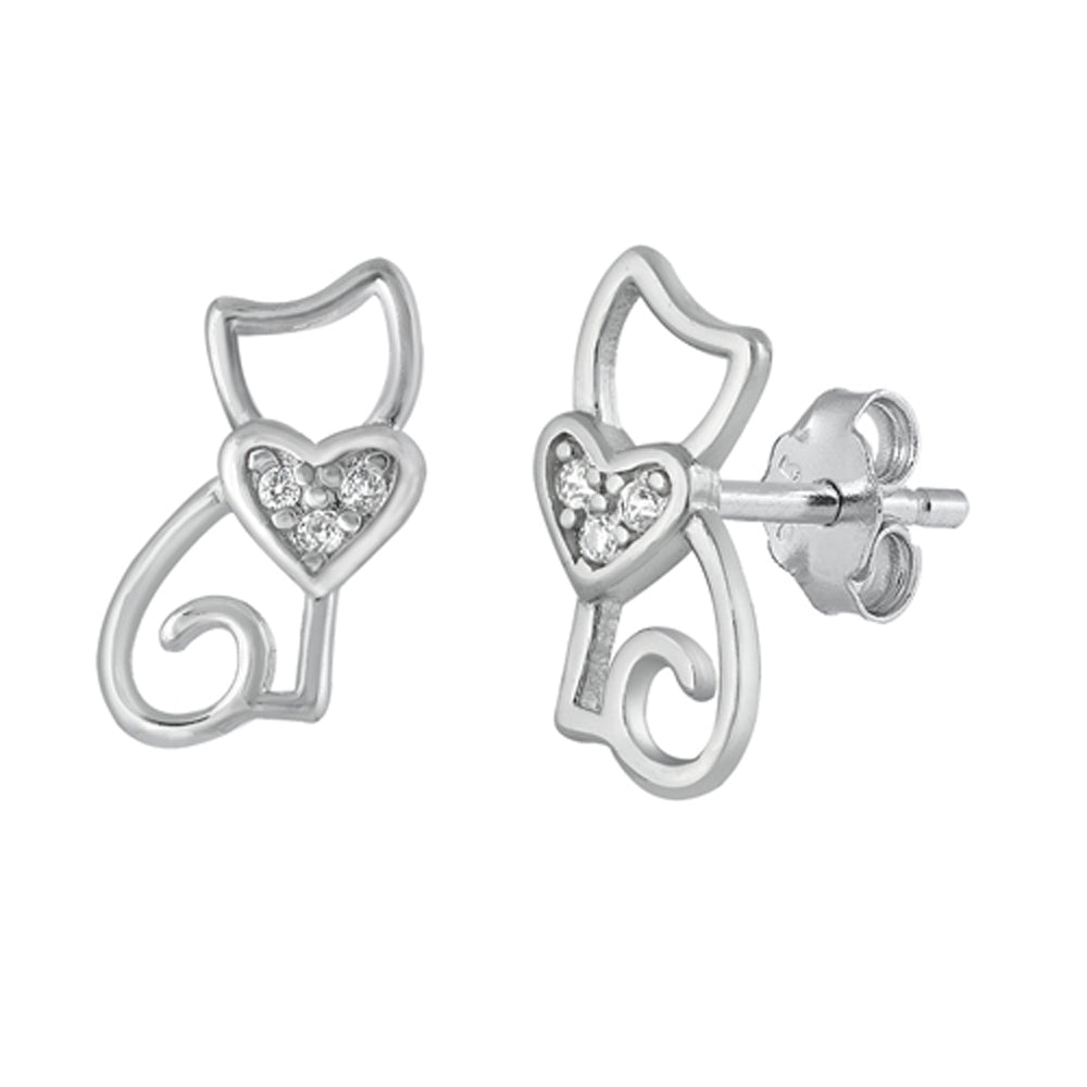 Sterling Silver Pet Cute Cat Promise Heart High Polish Outline Animal Earrings