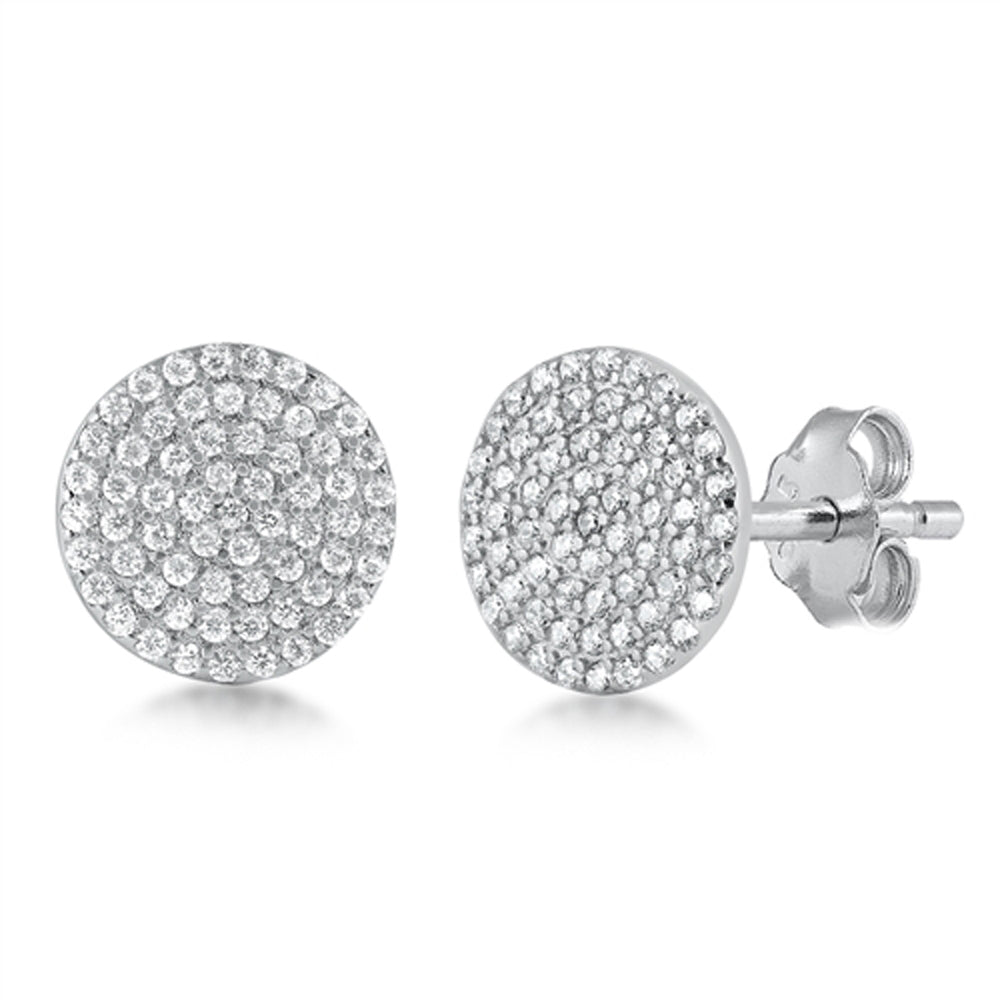 Sterling Silver Studded Disc Flat Circle Micro Pave Elegant Earrings Clear CZ