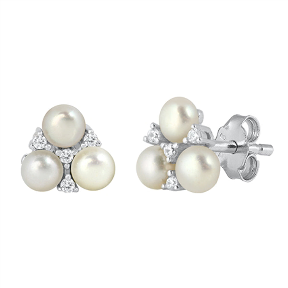 Sterling Silver Elegant Vintage Romantic Earrings Freshwater Pearl Clear CZ 925