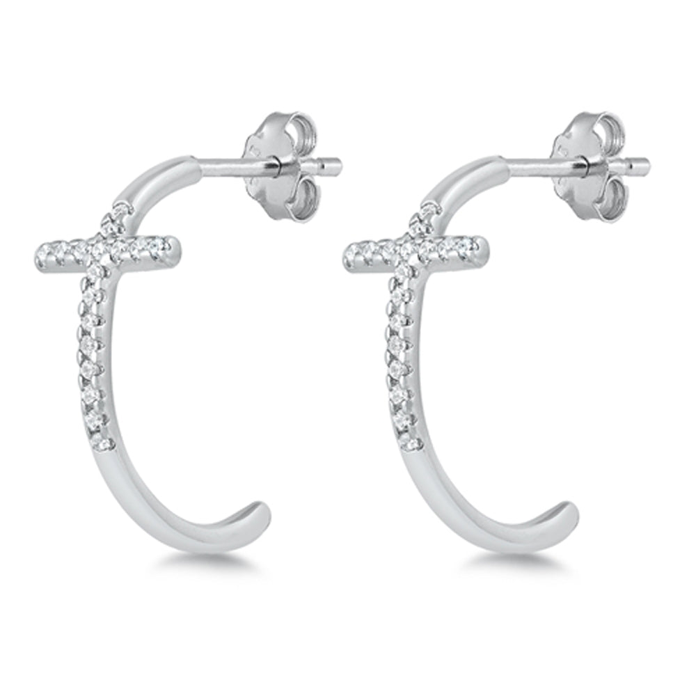 Sterling Silver Cross Hoop Modern Studded Unique Earrings 925 New