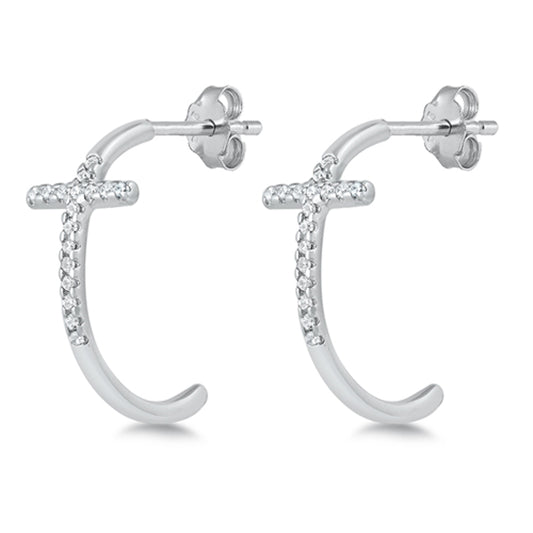 Sterling Silver Cross Hoop Modern Studded Unique Earrings 925 New