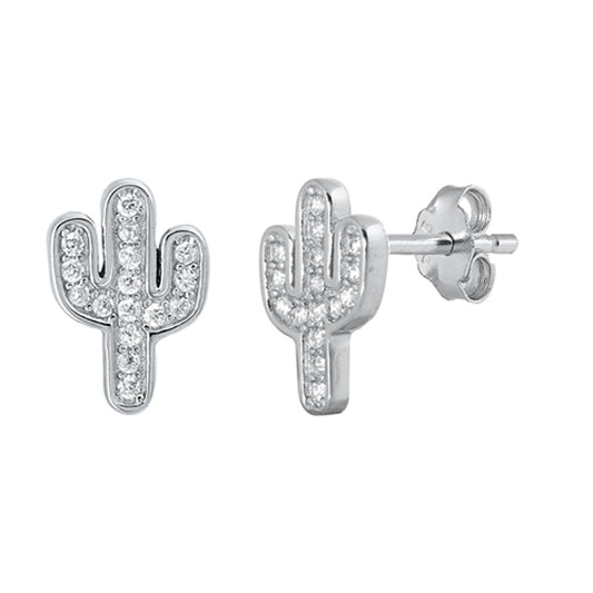 Sterling Silver Studded Cactus Plant Desert Nature Earrings 925 New