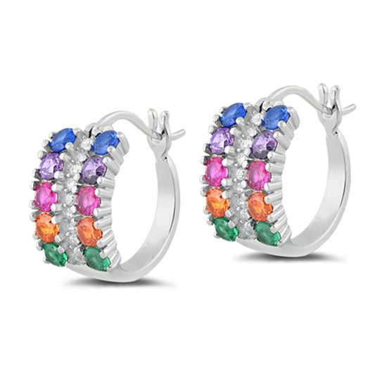 Sterling Silver Colorful Statement Hoop Cluster Rainbow Earrings Multicolor CZ