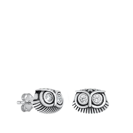 Sterling Silver Polished Clear CZ Oxidized Owl Earrings 925 New