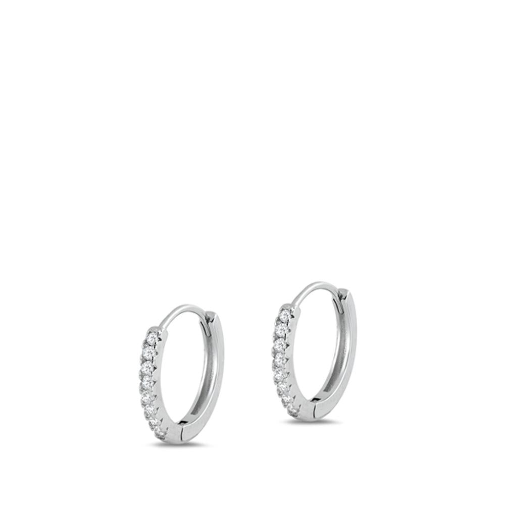 Sterling Silver Classic Clear CZ Simple Studded Hoop High Polished Earrings 925