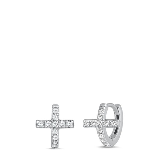 Sterling Silver Cute Clear CZ Elegant Cross Christian Hoop Earrings 925 New