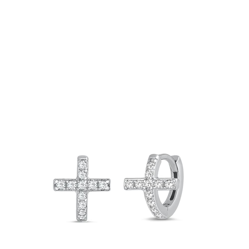 Sterling Silver Cute Clear CZ Elegant Cross Christian Hoop Earrings 925 New