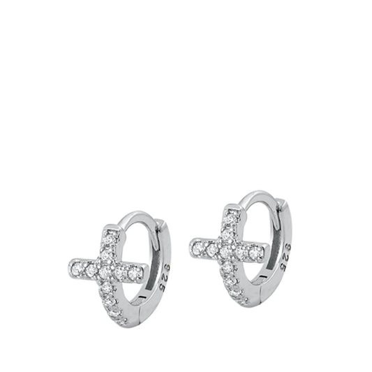 Sterling Silver Classic Clear CZ Cross High Polished Hoop Earrings 925 New